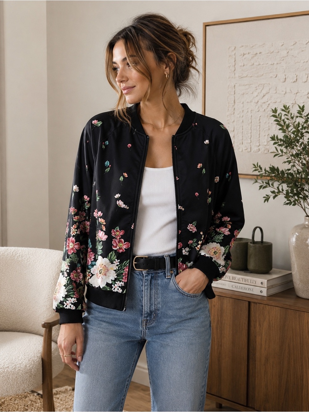 Emery Rose Floral Bomber Jacket | Size Small